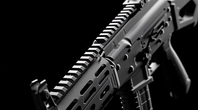Close-up of a black assault rifle.