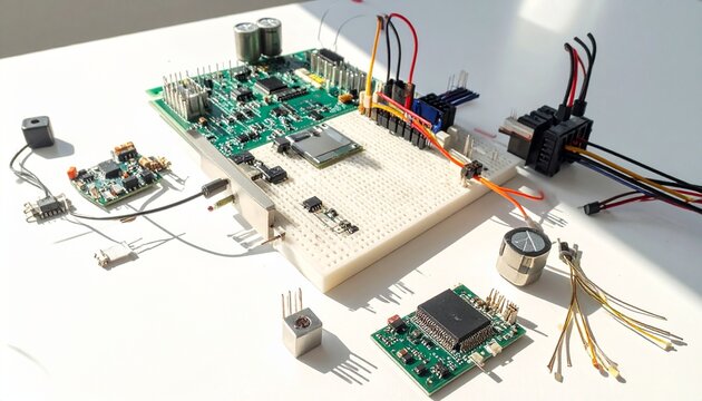 Electronic components, circuit boards, and a breadboard laid out on a white surface, forming a setup for hardware prototyping, development, and engineering projects