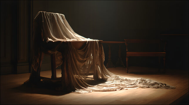 Torn ceremonial veil on wooden stand, empty altar room, soft side lighting, 50mm medium shot, symbolic obscurity