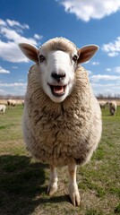 Fototapeta premium Cute sheep smiles at the camera while standing on a green meadow with other animals under a blue sky in a playful moment