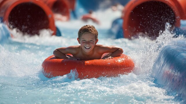Child laughs on a float down the water slide at the water park.