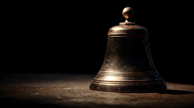 Sanctuary bell displaced from its position on altar, spotlight, 85mm close-up, dramatic realism, symbolic displacement