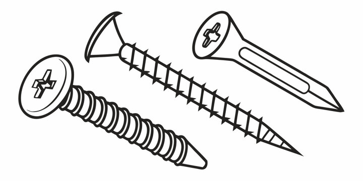 A variety of screws with different heads and thread patterns illustrated in black and white