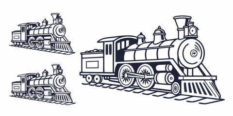 A collection of vintage steam trains in black and white illustration. © Mamun