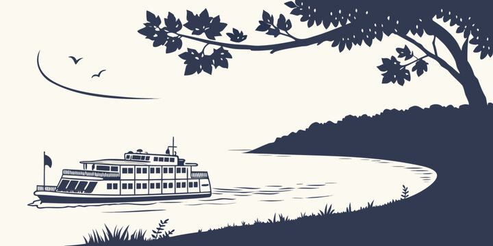 A serene river scene with a paddle steamer and a crescent moon