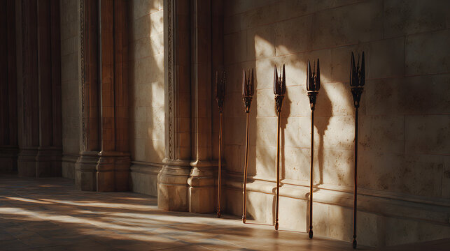 Row of unused ceremonial staffs leaning on cathedral wall, cool directional light, 50mm medium shot, symbolic stillness
