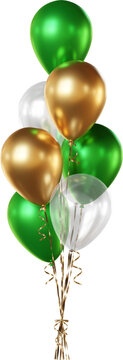 Balloon bouquet in green, gold, and transparent white, isolated on a transparent background. A bunch of realistic balloons for St. Patrick&rsquo;s Day, eco-themed, and spring party designs.