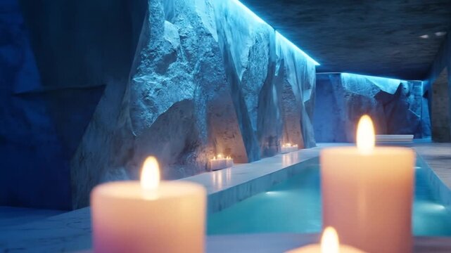 Tranquil spa interior with candles and pools under ambient lighting