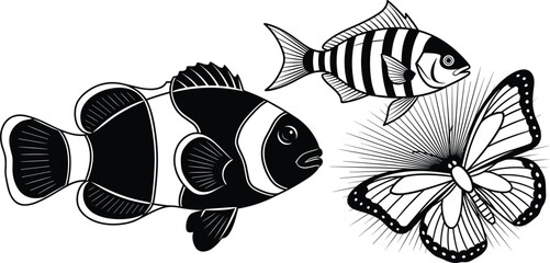 Clownfish and butterfly vector collection, tropical sea fish illustrations, black and white nature silhouettes, isolated aquatic and insect set © Rahim 