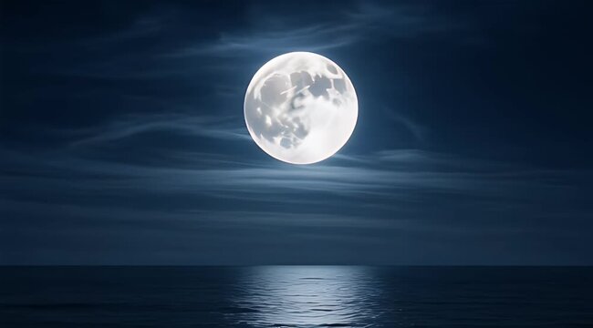 Bright full moon illuminates a serene dark ocean under wispy clouds, with a reflection