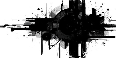 Obraz premium Abstract grunge urban background featuring a black and white vector texture with paint splatters, ink brush strokes, and a vintage paper border design element