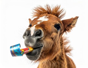Obraz premium Funny Horse Blowing Party Blower with Wild Mane.