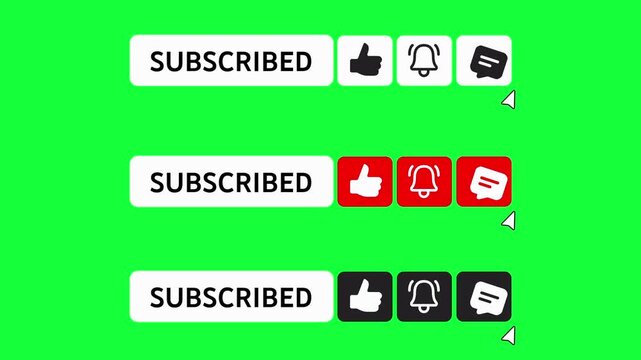 3-in-1 Subscribe Button Pack - Light Dark and Red - Bell Like Comment - Green Screen 4K. All elements include smooth clicking movements and color-changing effects.
