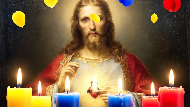 Sacred Heart of Jesus Christ, venerated with candles, a solemn Catholic observance, expressing spiritual devotion in Colombia, celebrating the June 15 feast day