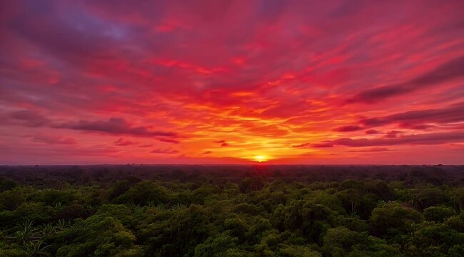 Breathtaking fiery sunset sky with a sun disc sinking over a vast tropical jungle canopy