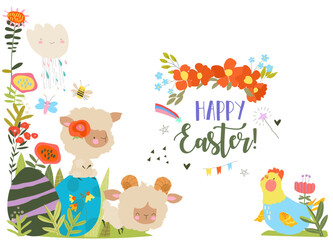 Fototapeta premium Cute Cartoon Lambs sitting on Easter Eggs