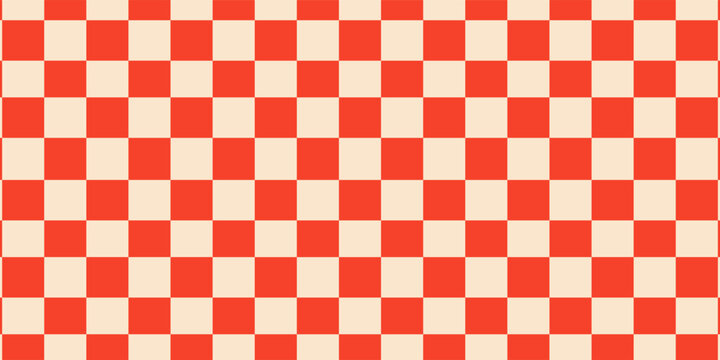 Psychedelic abstract wavy checkered background in red and beige. Groovy irregular checker pattern with vintage texture for retro prints, posters, packaging, and creative projects.