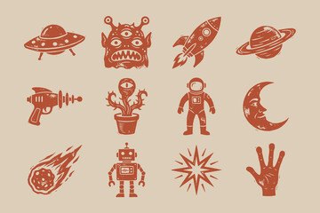 Retro Sci-Fi and Space Theme Linocut Icon Collection © thetwelvesense