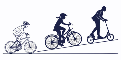 Three individuals engaged in various cycling activities on an inclined plane © Mamun