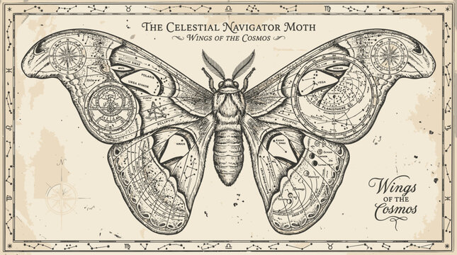Detailed vintage celestial navigator moth illustration with cosmic map wings and antique astronomical charts on aged paper