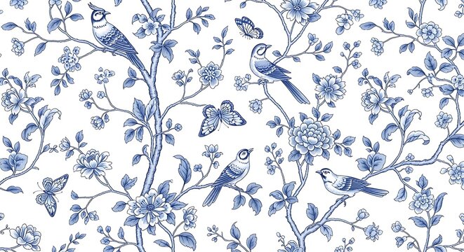 classic floral toile pattern, elegant vintage botanical scene with blooming roses vines and leaves, delicate engraving style line art in deep indigo blue on crisp white background, repeating seamless 