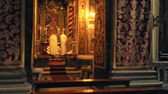 Blurred ornate church interior with shallow bokeh and defocused altar church; background backplate copyspace serenity.