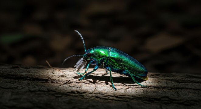 Glistening Green Beetle on Wood Branch