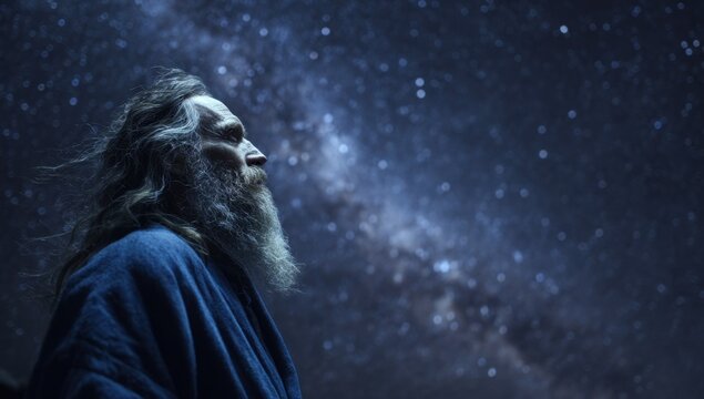 Old Abraham looks at the sky filled with stars.	