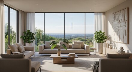 Fototapeta premium Modern living room with large windows overlooking a lush green landscape