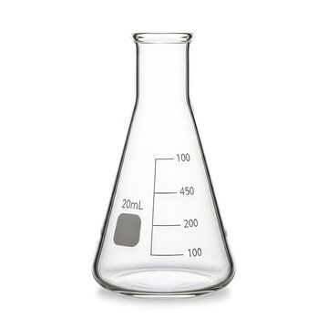 A clear glass conical flask with measurement markings