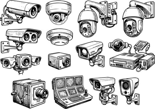 Vintage CCTV Security Camera Collection Black and White Vector Illustration Dome Bullet PTZ Box Camera Surveillance Set