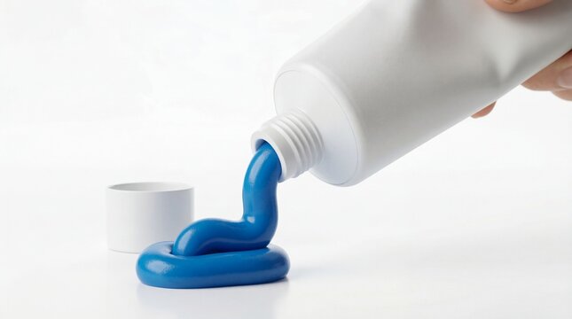 A hand squeezing a white tube to dispense a thick swirl of vibrant blue toothpaste onto a surface