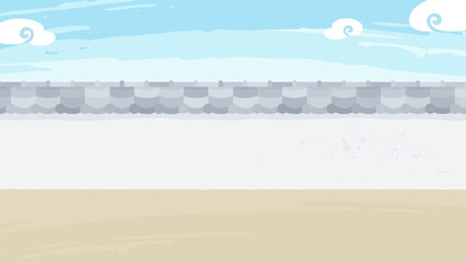 瓦屋根の塀と空の和風な背景イラスト_地面あり_16:9 © ふわぷか