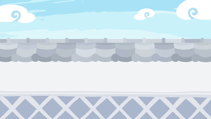 瓦屋根の塀と空の和風な背景イラスト_16:9 © ふわぷか