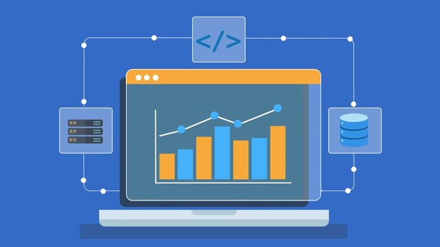 Animated flat illustration of a laptop displaying cloud analytics dashboard with charts, graphs, and server database infrastructure on a minimal background.