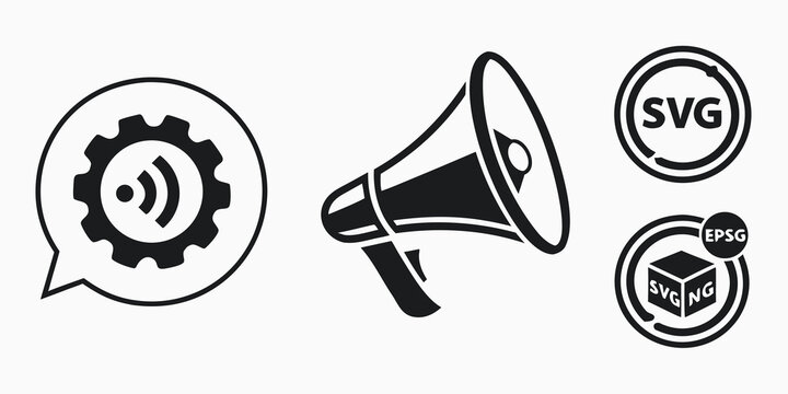 Megaphone and gear icons with svg and png format badges for web design