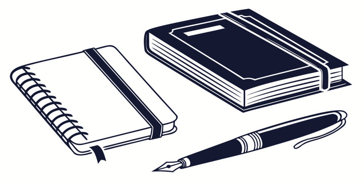 A notebook, a pen, and a book lying on a table