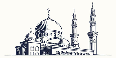 Intricate black and white illustration of an islamic mosque with domes and minarets © Mamun