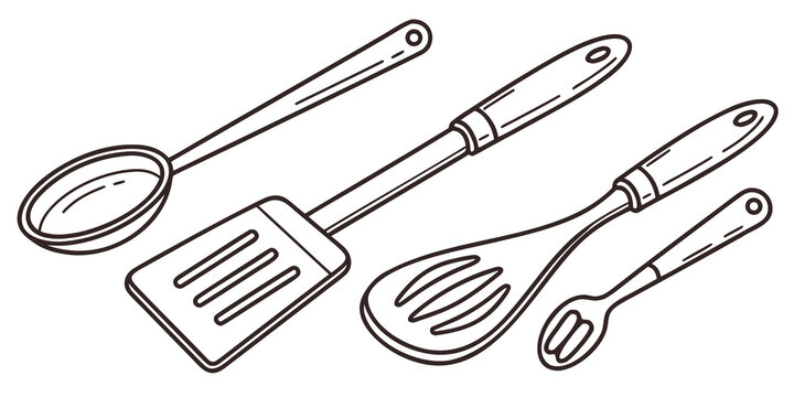 A variety of kitchen utensils including a spatula, ladle, and whisk