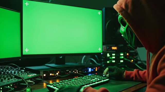 Person typing on computer with green screen display in dark environment