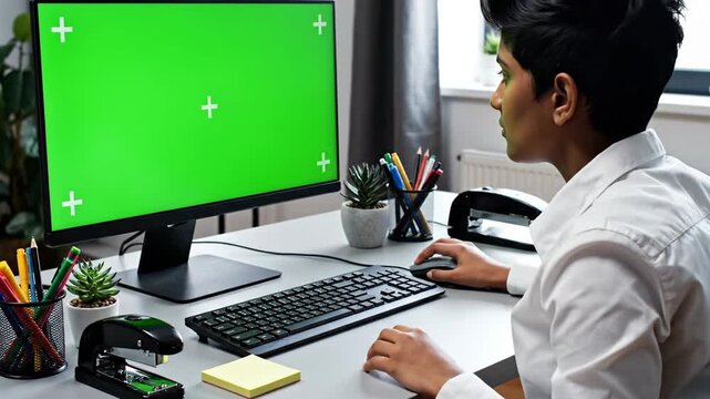 Person typing on computer with green screen for visual effects and compositing