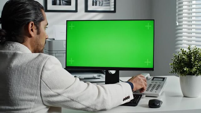 Person typing on keyboard at desk with green screen computer monitor