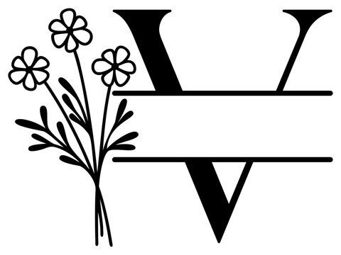 V Split Letter Border | Alphabet Monogram Frame | Decorative Vector Floral Design