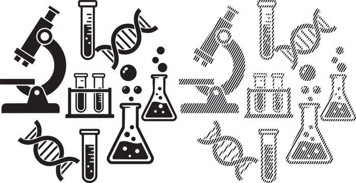 Collection of scientific laboratory tools and molecular structures in black and white
