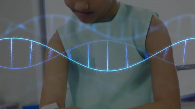 Vertical video: Camera pulling revealing child adjusting bandage preop DNA helix over hands