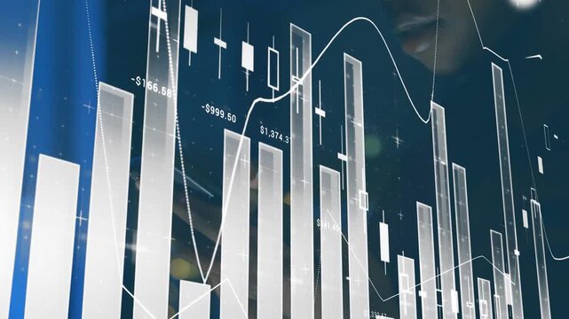 Woman tapping smartphone causing translucent charts animating over face while monitoring market