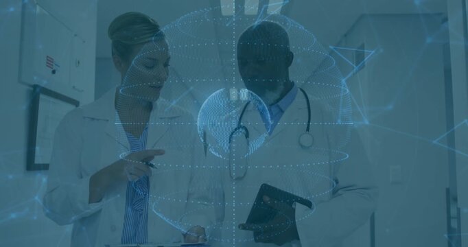 Two MDs walking hospital AR globe appearing over them and growing, reviewing clipboard and tablet