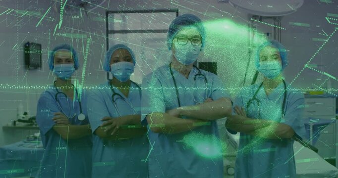Lead MD stepping forward, team folding arms while medical globe sweeping from right, showing unity