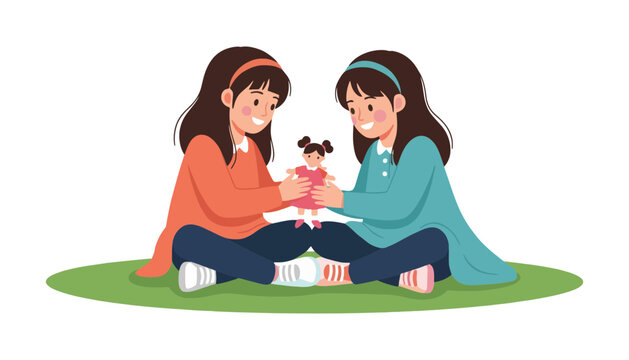 Two little girls playing with a doll on the grass outdoors