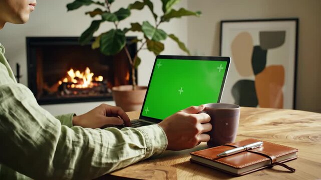 Person typing on laptop with green screen at home by fireplace